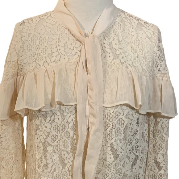 Flying Tomato Sheer Lace Long-Sleeves Ruffle Blouse - Picture 2 of 8